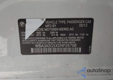 2013 BMW 328I z USA, uszkodzony, nr VIN WBA3A5G5XDNP26768